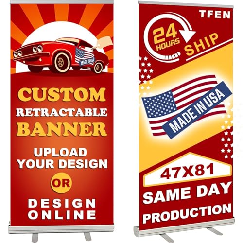 TFEN-Made in USA-Custom Pop up Banner Aluminum Retractable Banner 47"x81", with Stand Roll up Banner for Business, Trade Shows, Stores, Advertising, Events, Custom Banners - size: 47x81 Standard