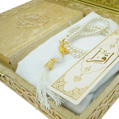Modefa Ikra Muslim Islamic Keepsake Turkish Gift Set Holy Quran in Arabic - Ikra With Hijab and Tesbih (Gold) - color: Gold