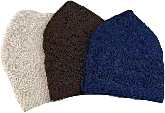 TRUNESS Kufi Hats for Men Muslim Prayer Islamic Capn Takke Peci Handicraft Taqiyah Taqiyah Cap - color: Brown Grey & Blue