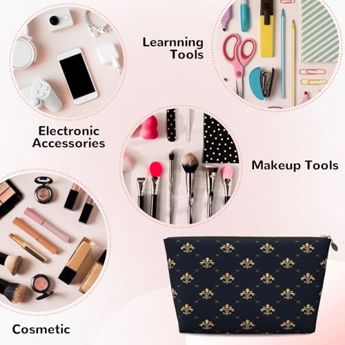 Leather Makeup Bag for Purse, Waterproof Small Toiletry Bag with Zipper, Cute Cosmetic Bags for Women, Navy Gold Fleur De Lis Pattern Travel Pouch - color: Navy Gold Fleur De Lis Pattern