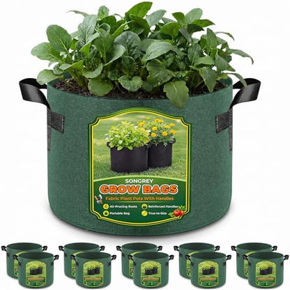 Songrey 10-Pack 10 Gallon Grow Bags | Thickened Nonwoven Fabric Pots, Outdoor Heavy Duty Garden Planters, Potato Grow Bags with Handles - color: Green, size: 10 Gallons