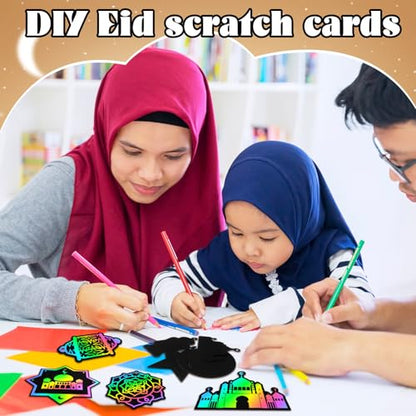 Deekin 120 Pcs Eid Scratch Paper Set Ramadan Crafts Scratch Cards Hanging Ramadan Gifts Eid Magical Party Activities DIY Art Painting Project Supplies