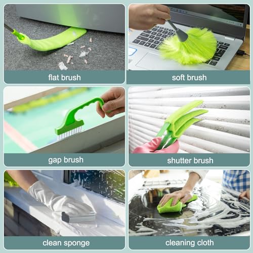Microfiber Duster with Extension Pole 30 to 100'', Bendable Reusable Washable Feather Dusters for Cleaning High Ceiling Fan, Cobweb, Blinds, Keyboard, Furniture & Cars, Green Gift for Women (11 PCS)