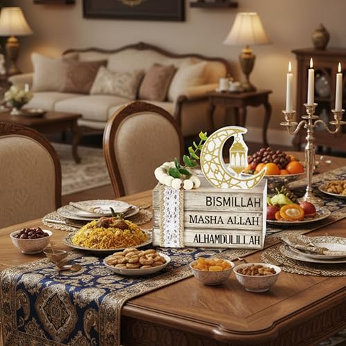 Ramadan Decorations for Home Eid Mubarak Decorations Wood Ramadan Table Sign Golden Moon Eid Tiered Tray Sign for Islamic Muslim Table Indoor Shelf Office Gifts - style: Ramadan
