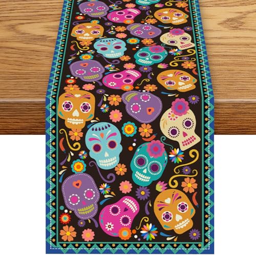 Dia De Los Muertos Table Runner, Rustic Boho Colorful Mexican Fiesta Skull Floral Birds Day of The Dead Coffee Table Center Decor for Kitchen Dining Holiday Home Party Table Decorations, 13"x36" - color: Mexican-7, size: 13“ X 36"