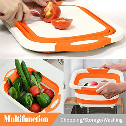 Rottogoon Collapsible Cutting Board, Foldable Chopping Board with Colander, Multifunctional Kitchen Vegetable Washing Basket Silicone Dish Tub for BBQ Prep/Picnic/Camping(Orange) - color: Orange