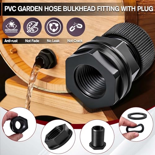 2 Packs PVC Garden Hose Bulkhead Fitting with Plug, 3/4" Male GHT, 1/2" Female NPT Double Threaded Bulkhead Water Tank Connector Drain/Flush Port Kit for Rain Barrels, Aquariums, Water Tanks