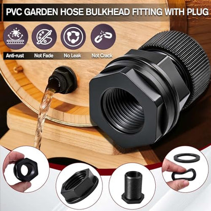 2 Packs PVC Garden Hose Bulkhead Fitting with Plug, 3/4" Male GHT, 1/2" Female NPT Double Threaded Bulkhead Water Tank Connector Drain/Flush Port Kit for Rain Barrels, Aquariums, Water Tanks