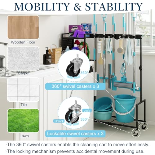 Broom Holder with Cleaning Supplies Organizer, Heavy Duty Janitorial Housekeeping Cart with Mop Clips & Hooks, Home Essentials Broom Closet Storage, Multifunctional Cleaning Cart for Laundry