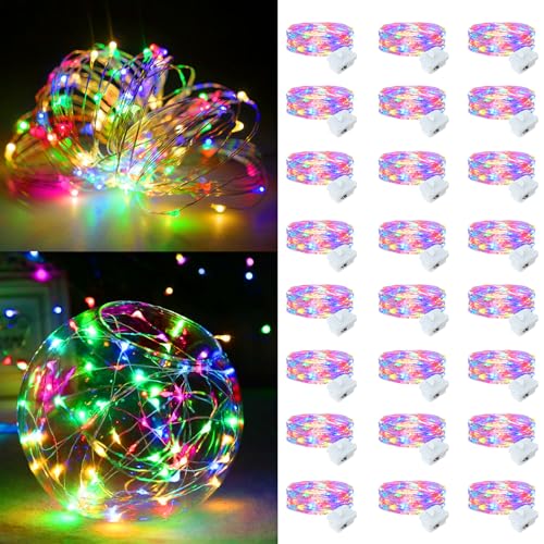 24 Pack Fairy Lights Battery Operated, 7ft 20 LED 3 Modes Speed Twinkle Mini String Lights Waterproof Silver Wire Firefly Starry Lights for Mason Jars Wedding Party Christmas Easter Decorations - color: Colorful, size: 24 Pack