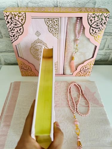 Muslim Prayer Rug, Elegant Full Arabic Thermo Leather Quran(9.4 * 6,6 inch / 24 * 17 cm) Beads I Perfect Islamic Gift I Suitable for Men, Women, Kids I Luxury Gift | Islamic Ramadan Eid Gifts - color: Pink