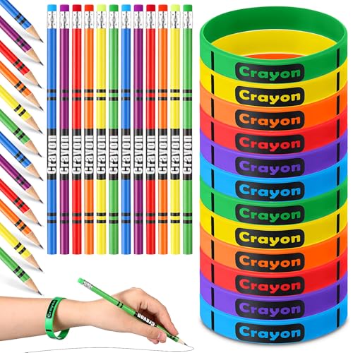 96 Pcs Crayon Themed Pencils Silicone Bracelets Bulk Back to School Supplies Set Crayon Party Favors First Day of School Gifts for Kids Students Classroom Rewards Gifts Birthday Party Supplies - style: Crayon