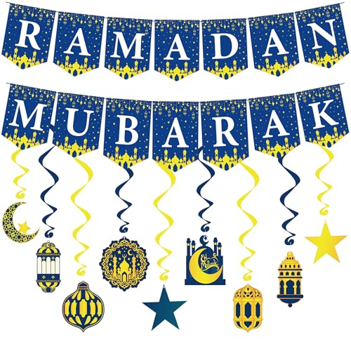 OHOME Ramadan Decorations - Hanging Swirls, Shamrock Banner - Ramadan Mubarak Garland Accessories Party Favors for Home Door Decor Outdoor Indoor - color: Blue Gold