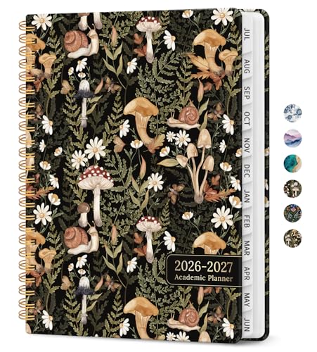 Planner 2026-2027, Academic Monthly and Weekly Calendar Planner for Women, July 2026 - June 2027, Hardcover Pretty Agenda Planner Book with Tabs, Spiral Daily Organizer for School Office Home Supplies, 6.3" x 8.5" - Mushroom - color: E-Mushroom, size: (6.