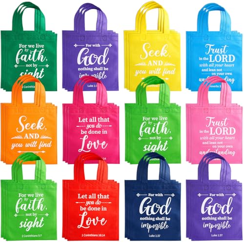 WILLBOND Christian Gift Bags Reusable Non Woven Bible Verse Goodie Bags with Handle Fabric Religious Employee Appreciation Gifts for Church Positive Business Party Favor - color: Bright Color