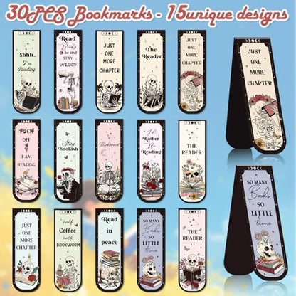 Skeleton Reading Bookmark Magnetic Gift - Wxiben 30 Pcs Gothic Skull Bookmarks Magnetic Floral Skeleton Book Marks Page Magnets Marker Clip for Women Men Students Teacher Book Lovers Bookish - style: Skeleton Reading