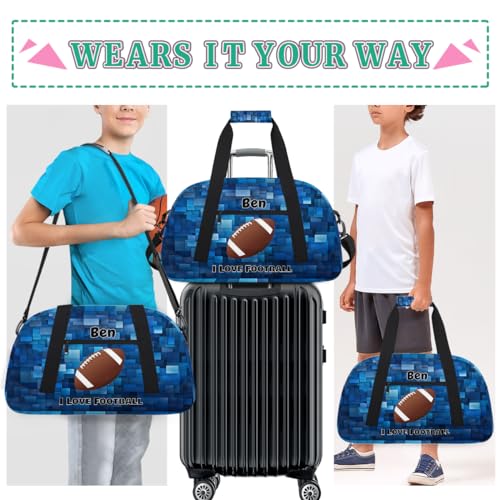 Custom Sports Bags for Boys I Love Football Blue Geometric Pattern | Personalized Named Practice Travel Overnight Training Bag - color: Color 18