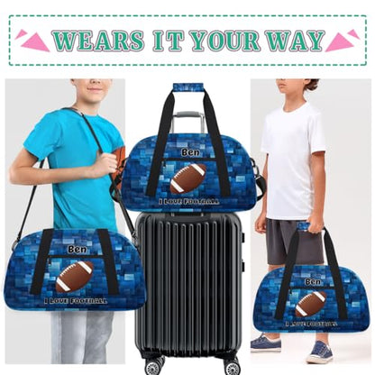 Custom Sports Bags for Boys I Love Football Blue Geometric Pattern | Personalized Named Practice Travel Overnight Training Bag - color: Color 18