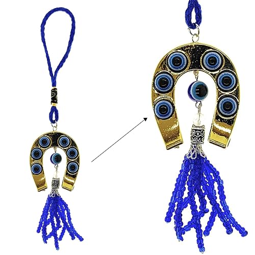 LUCKBOOSTIUM Gold Horseshoe & Evil Eye Hanging Ornament w/Bead Tassel Sign of Protection Blessing & Strength Home/Office Decorative Items & Accessories Car Rear View Mirror Ornaments - color: Gold Horseshoe