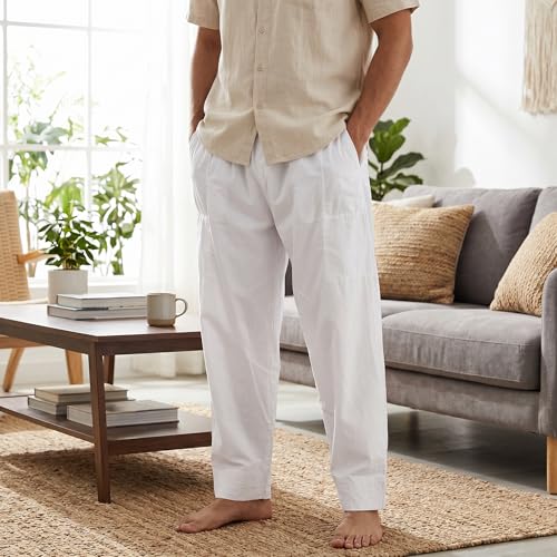 HEEPDD Men Muslim Prayer Pants, Cotton Loose Afghan Trousers with Elastic Waistband, White, XL - size: 46