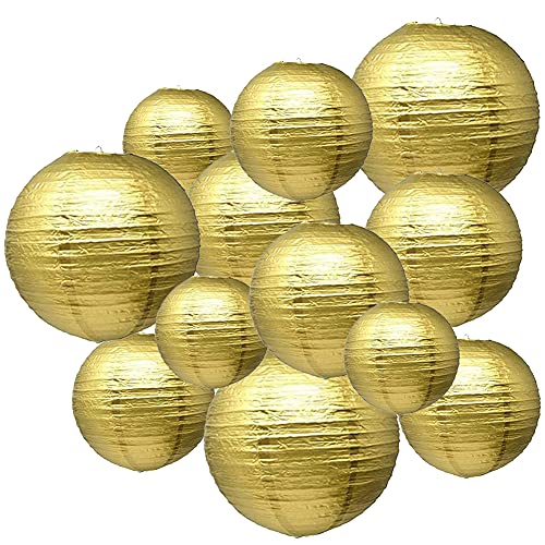 Gold Paper Lanterns 12 Pcs Assorted Size of 6" 8" 10" 12" Chinese Round Paper Hanging Decorations Ball Lanterns Lamps for Home Decorations, Parties, and Weddings - color: Gold