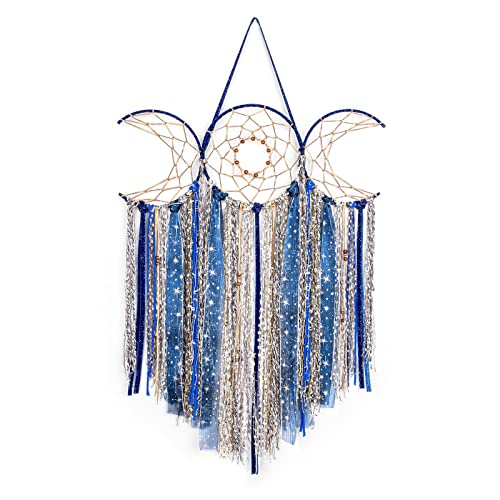 Blue Triple Moon Goddess Dream Catcher Macrame Wall Hanging, Pagan Decor - color: Nebula Blue