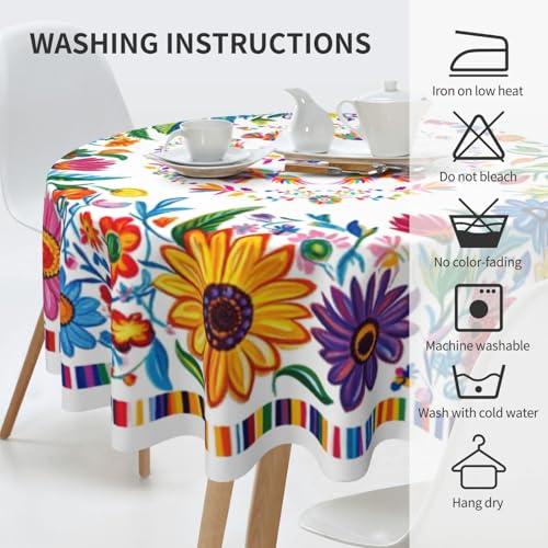 Mexican Floral Birds Tablecloth Mexico Round Table Cover Washable Table Cloth for Home Kitchen Party Picnic 60 Inch - color: Mexican Floral Birds