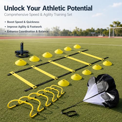 Agility Training Set, Speed Training Set with Ladder, Cones, Hurdles & Parachute, Athletic Gear for Football Basketball - style: Speed And Agility Training Set