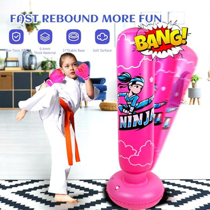 Onirii 66 Inch Kids Inflatable Punching Bag | Large Stable Kids Inflatable Boxing Bag Toy Set with Gloves for Boys & Girls Age 3-12 for Taekwondo,MMA and Practicing Karate - color: Ninja Pink