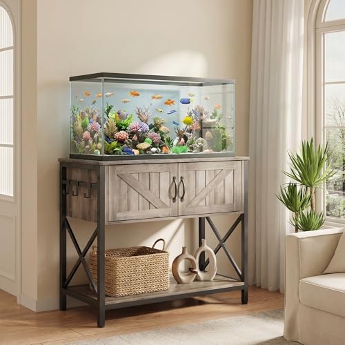 Petrova 20-29 Gallon Fish Tank Stand, Metal Double Aquarium Stand with Storage Cabinet, Heavy Duty 31.5" L* 16.54" W Tabletop, 330LBS Capacity, Rustic Brown - color: Brown, size: 31.5" L x 16.5" W x 31.5"H