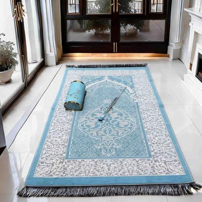 Portable Muslim Prayer Rug and Beads with Gift Box, Soft Islamic Prayer Mat,Travel Praying Mat for Men and Women, Prayer matt Islam Gifts Set, Sajadah/Janamaz/Seccade/سجادة صلاة (Aqua Blue) - color: Aqua Blue