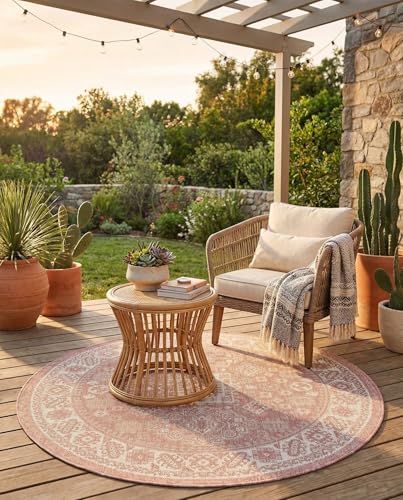 Rugs.com - Outdoor Aztec Rug – 4 Ft Round Pink Washable Indoor/Outdoor Rug – Flatweave Geometric Pattern for Patios, Decks, and Porches - color: Pink, size: 4' (Round)