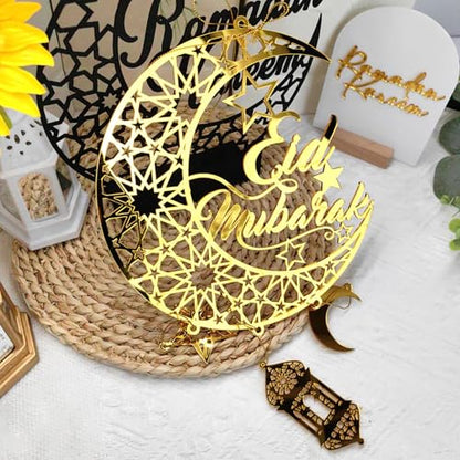 FUNCATCHER Ramadan Decorations for Home - 8.5x8.5 Inch Golden Acrylic Crescent Moon Hanging Ornaments, Islamic Eid Wall Door Decor (1, B)