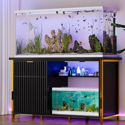55-75 Gallon Fish Tank Stand with Power Outlets, LED Light, Vertical Lines, Heavy Duty Aquarium Stand with Cabinet for Fish Tank Accessories Storage, Turtle Tank, Reptile Terrarium (Black and Gold) - color: Black and Gold