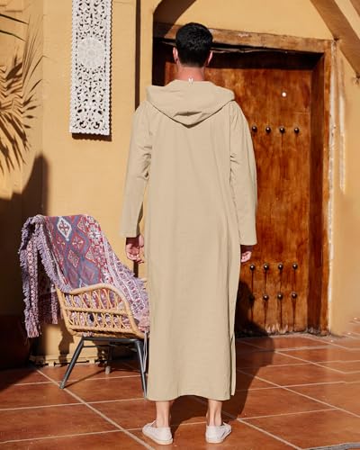 YAOHUOLE Men's Long Sleeve Kaftan Side Split Long Gown Thobe Hooded Men Caftan - color: Khaki, size: XX-Large