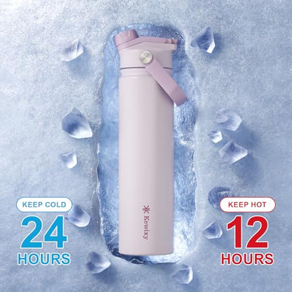 KEWIXY 24 oz Insulated Water Bottle, 2-in-1 Lid, Straw & Spout with Protected, Leak Proof, Keep Cold, Stainless Steel, Metal, Reusable, Handle, for Travel, Gym and School, 2 Lids, Pale Mauve - color: Pale Mauve, size: 24 Ounces