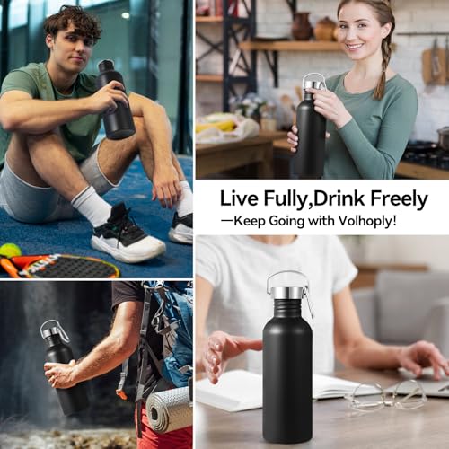Volhoply 32oz Uninsulated Single Walled Water Bottle, Stainless Steel Sports Water Bottles with Handle, BPA Free Lightweight Water Bottles for Hiking, Biking, Running（Black,1） - color: Black