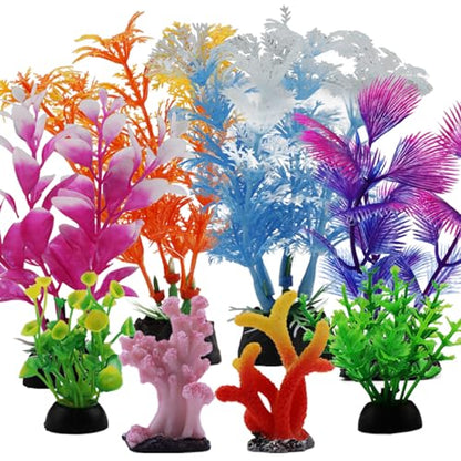 QUOZUO Fish Tank Decorations Plants with Resin Coral, 8 pcs Aquarium Decorations Small Plants Plastic, Fish Tank Accessories Aquarium Decor