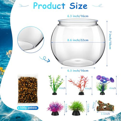 1 Gallon Plastic Betta Fish Bowl with 6 Pcs Artificial Plastic Plants and 500g Decorative Gravel, Betta Fish Tank and Decoration Accessories Small Large Bowl Ornaments Starter Kit - size: 1 Gallon