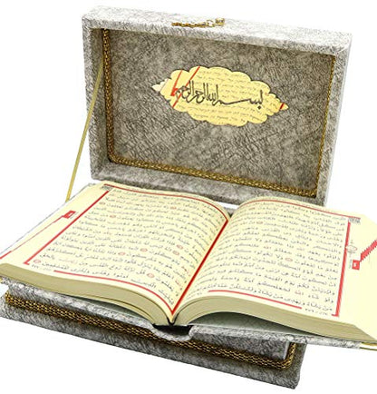 Modefa Islamic Turkish Holy Quran in Arabic with Keepsake Velvet Gift Case & Prayer Beads (Grey) - color: Grey