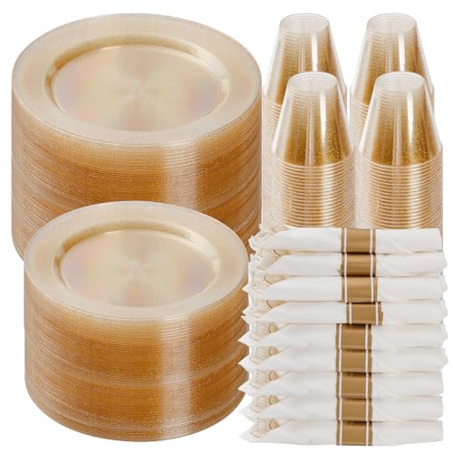 Goodluck 700 Piece Gold Glitter Plastic Dinnerware Set for 100 Guests - color: Gold Glitter, style: 700 Piece (100 guests)