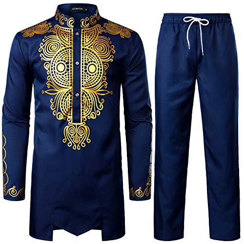 LucMatton Men's African Attire 2 Piece Dashiki Outfit - color: Indigo Blue, size: Small