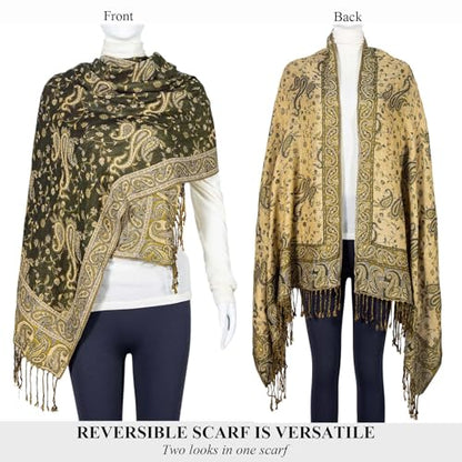 TUSHUSTY Pashmina Feel Shawls Wraps Rave Scarf for Women Soft Silky Reversible Men Scarves Hijab - color: Olive Green