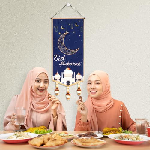 Eid Mubarak Banner, 40x15.55 Inch Ramadan Door Hanging Sign Eid Mubarak Door Sign Ramadan Banner Eid Mubarak Decoration Ramadan Decorations for Home Door