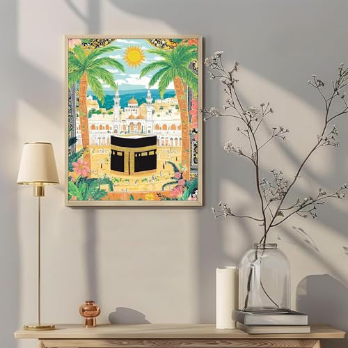 이슬람 라마단 페인트 숫자 키트 40.6 x 50.8cm(16 x 20인치) 캔버스 순례 DIY 페인팅 어린이 학생 성인 초보자용 브러시 포함 아크릴 안료 선물 홈 데코 이슬람 스타일(프레임 포함) - color: 아트워크 03, size: 16''x20''(DIY frame)