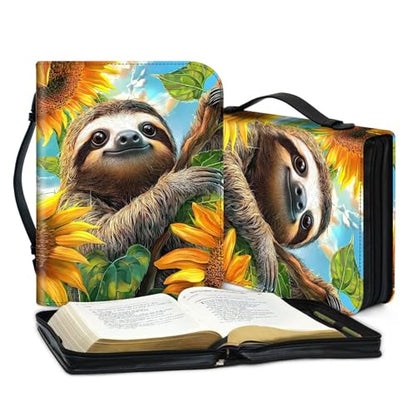 PU Leather Bible Cover with Handle & Pockets, Large Capacity Bible Case, Water-Resistant Scripture Organizer Bag with Bonus Card Holder, Christian Gift for Women & Men, Cute Sloth - color: Cute Sloth