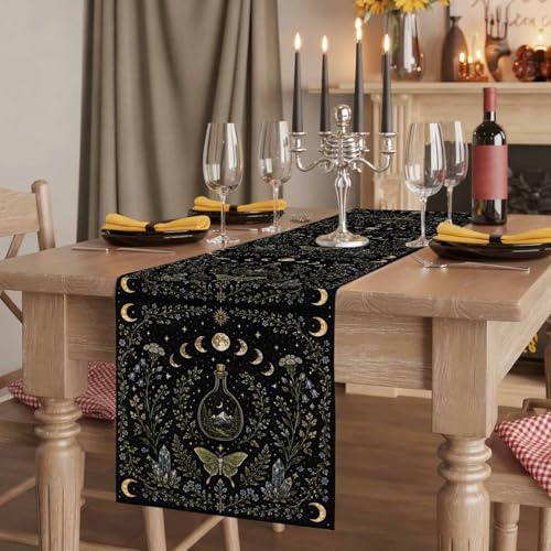 Whimsical Lunar Table Runner Butterfly Floral Moonphases Quartzcrystals Black 13x36 Inches Long Cotton Linen Table Runner Burlap Style for Dinner Table Party Decor Tabletop Decorations - size: 13" x 36"