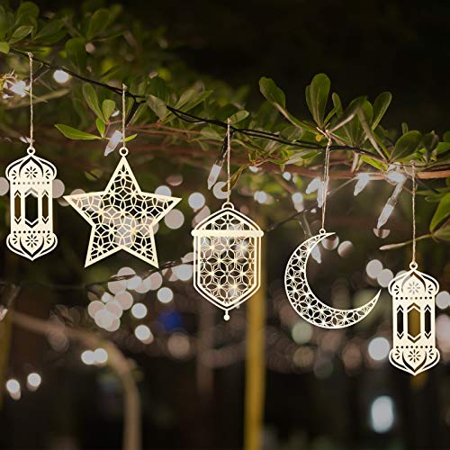 9 Pieces Wooden Pendant Ornament Ramadan Kareem Hollow Decoration Moon Star Wind Light Shape Pendant Ornament Happy Eid Hanging Sign for Ramadan Mubarak Eid Party Decorations
