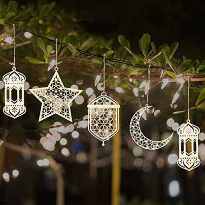 9 Pieces Wooden Pendant Ornament Ramadan Kareem Hollow Decoration Moon Star Wind Light Shape Pendant Ornament Happy Eid Hanging Sign for Ramadan Mubarak Eid Party Decorations