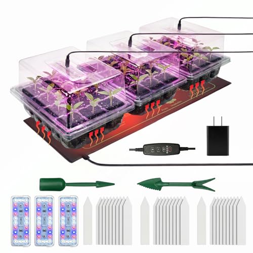 Seed Starter Tray 3 Pack with Heating Mat & 24 Full Spectrum LEDs Grow Light – Auto cycle Timer, Humidity Dome Ventilation Cover, Drainage Holes, Includes Gardening Tools – Transparent version - color: Transparent×3